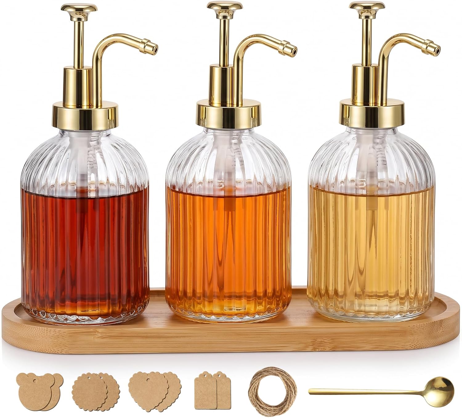 Aldernest Coffee Syrup Dispenser for Coffee Bar, 12fl oz Glass Syrup Dispenser with Pump, Gold, 3 Count