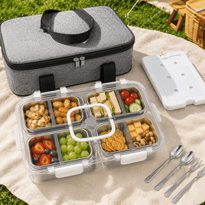 Barleyfield Snackle Box Container with Ice Pack, 304 Stainless Steel Snackle Box Set, Silver White
