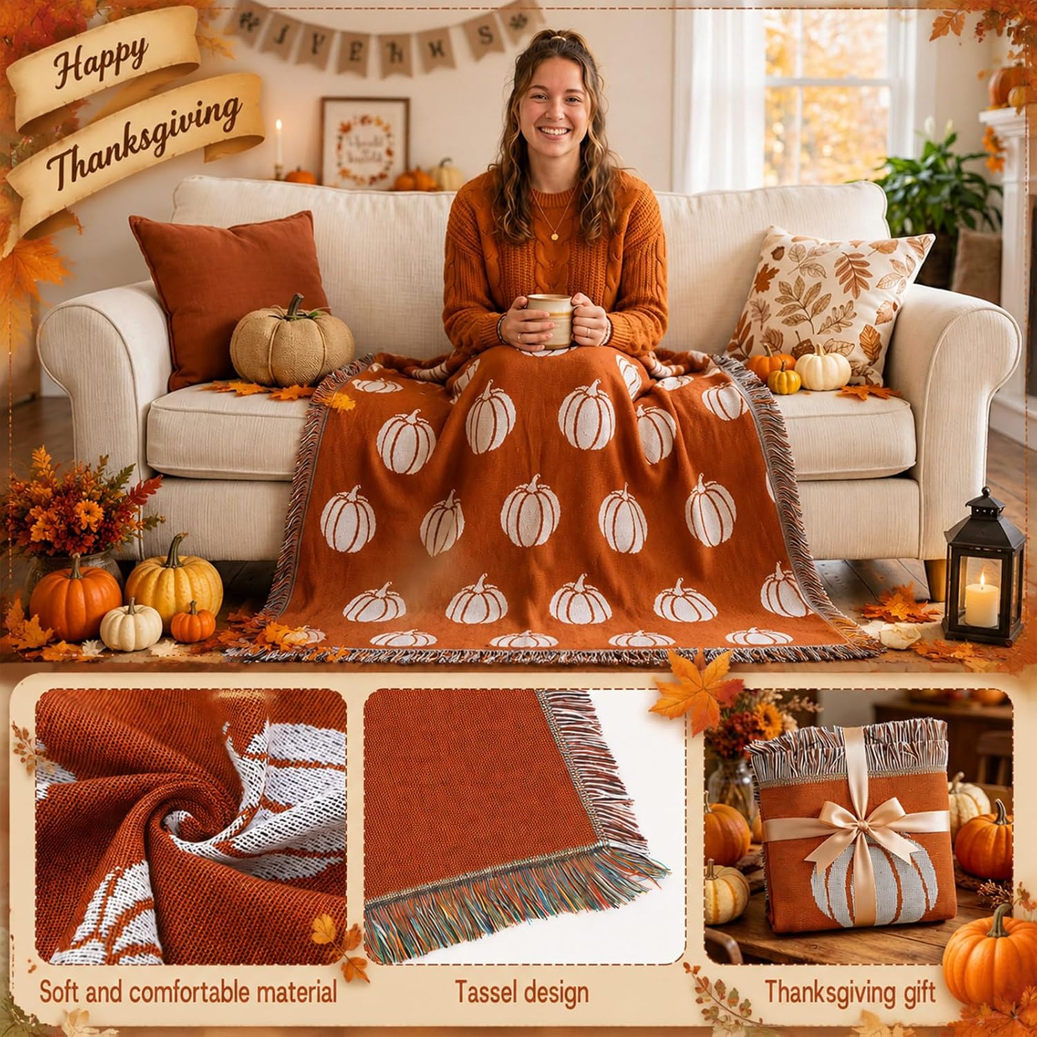 Birchmont Thanksgiving Pumpkin Woven Blanket Fall Autumn Home Decor, 70"x47", 69"x48", Orange