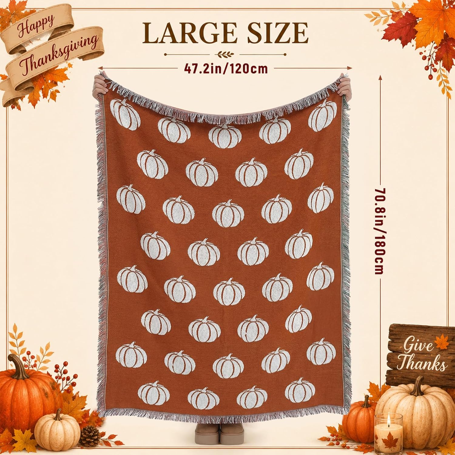 Birchmont Thanksgiving Pumpkin Woven Blanket Fall Autumn Home Decor, 70"x47", 69"x48", Orange