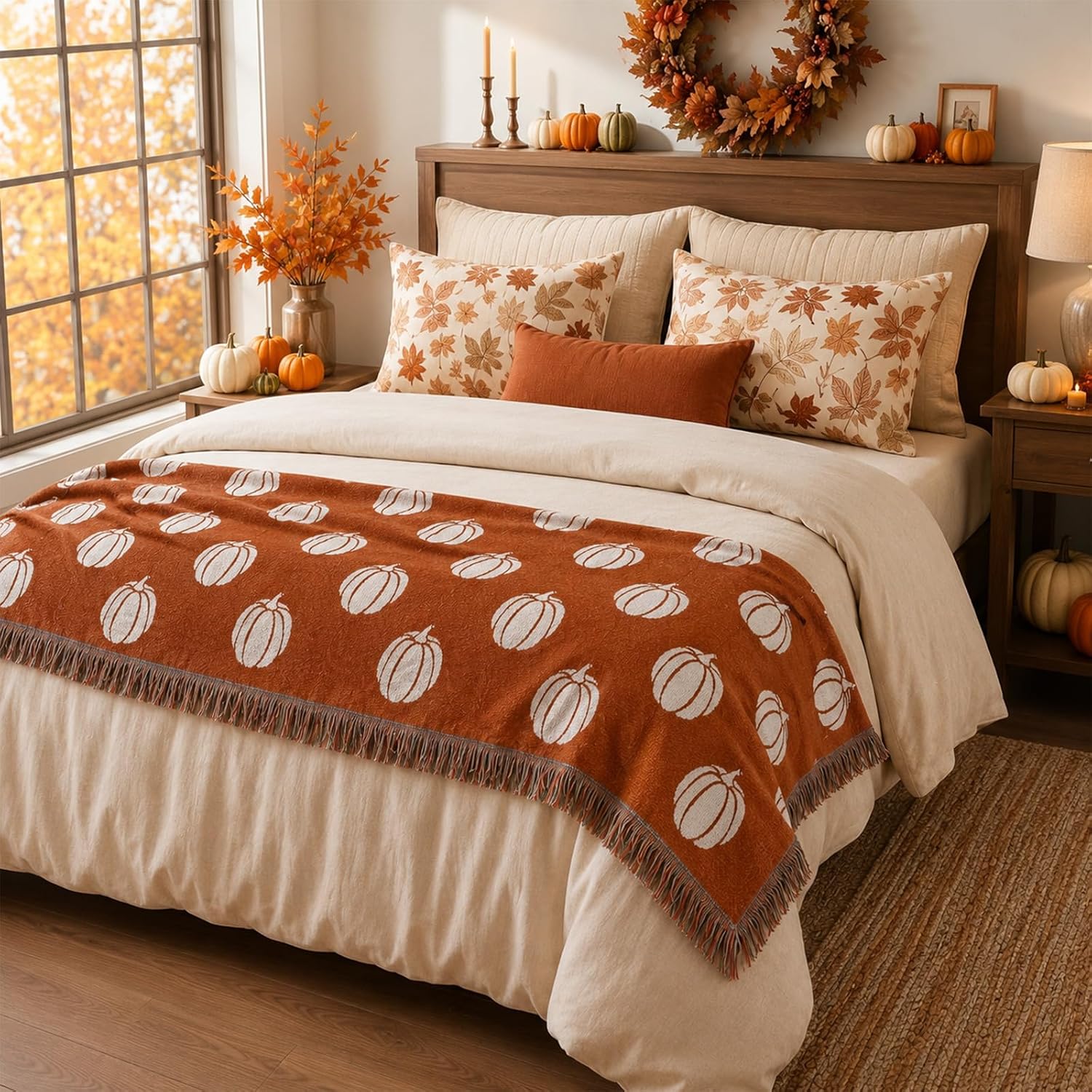 Birchmont Thanksgiving Pumpkin Woven Blanket Fall Autumn Home Decor, 70"x47", 69"x48", Orange