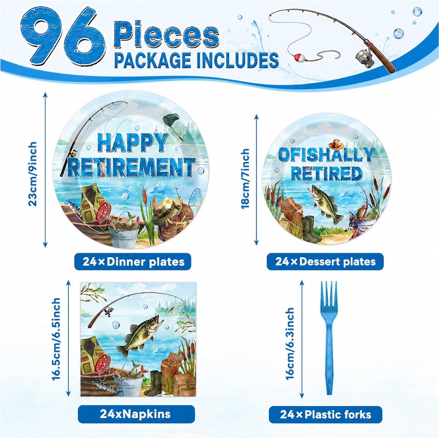 Aldernest 96 Pcs Ofishally Retired Fishing Party Decorations for Happy Retirement Paper Disposable Plates and Napkins Gone Fishing Retired Dessert