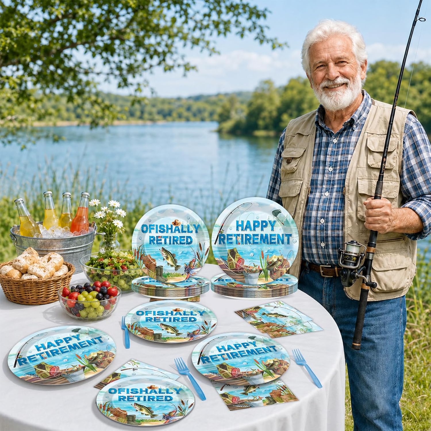 Aldernest 96 Pcs Ofishally Retired Fishing Party Decorations for Happy Retirement Paper Disposable Plates and Napkins Gone Fishing Retired Dessert