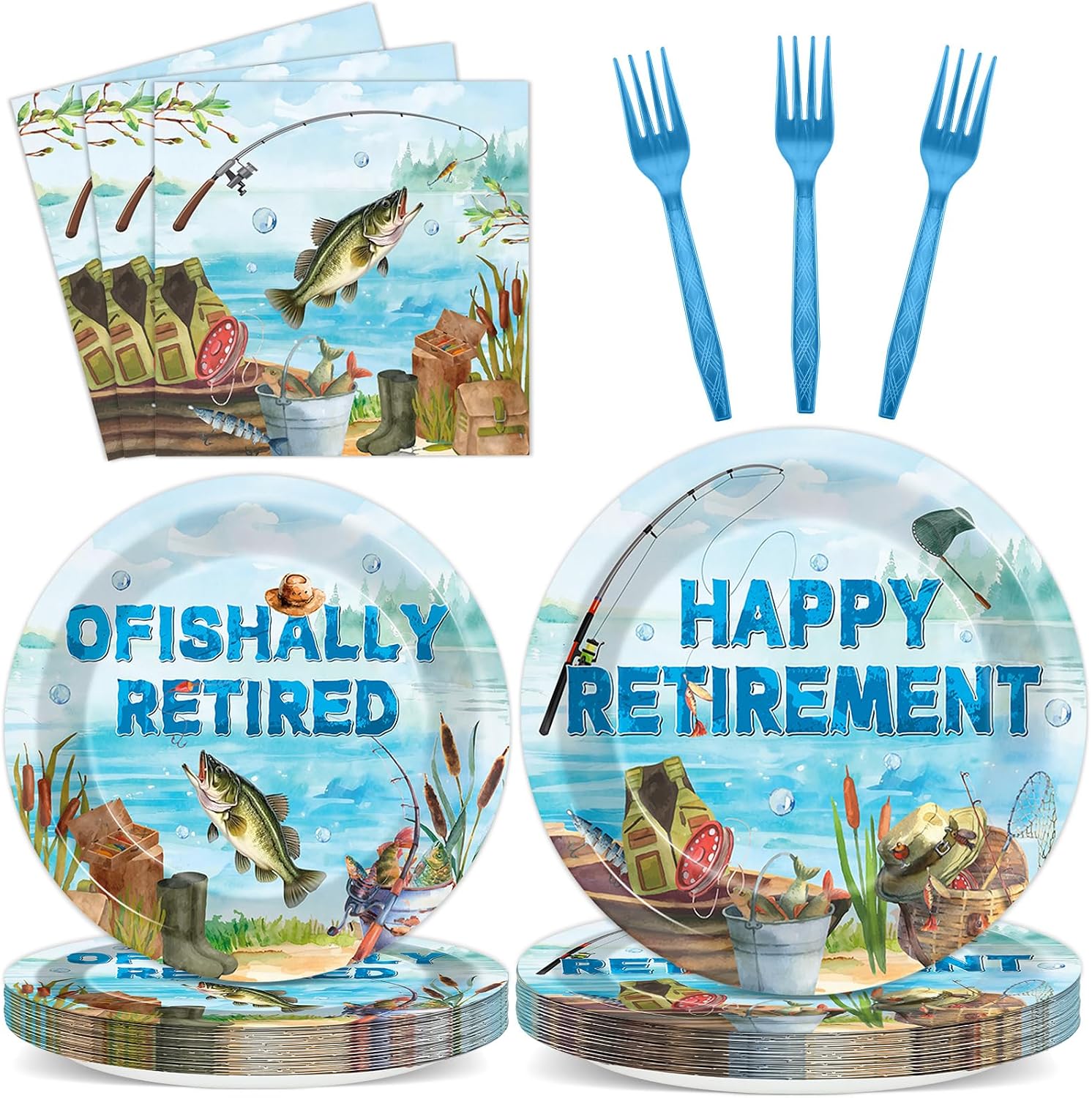 Aldernest 96 Pcs Ofishally Retired Fishing Party Decorations for Happy Retirement Paper Disposable Plates and Napkins Gone Fishing Retired Dessert