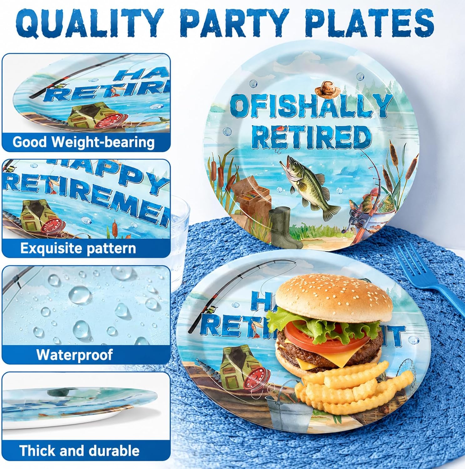 Aldernest 96 Pcs Ofishally Retired Fishing Party Decorations for Happy Retirement Paper Disposable Plates and Napkins Gone Fishing Retired Dessert