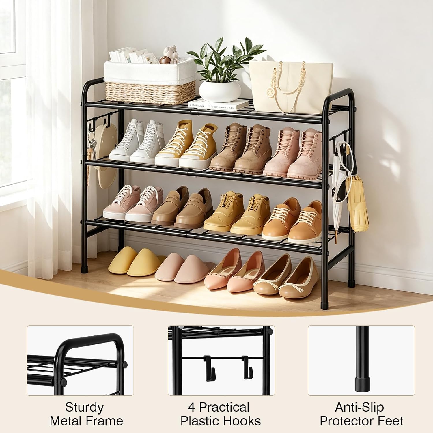 Tanglewick Metal Shoe Rack for Closet 33" Wide Shoe Organizer for Entryway, 4 pounds, 33.1"W x 11"D x 22.8"H, Black