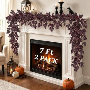 Aldernest Fall Garland for Mantle, 2 Pack 7 Ft Plum Cimicifuga Seeded Leaf Garlands, 14 feet