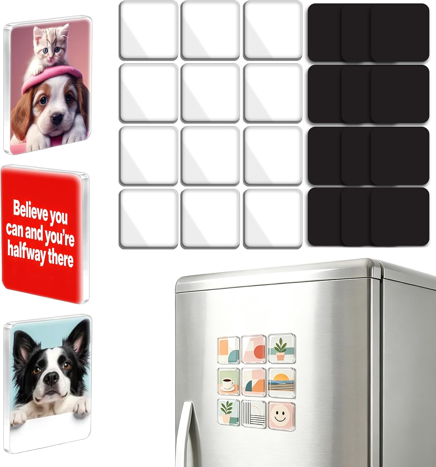 Ashenby 30 Pieces Acrylic Fridge Magnets, DIY Magnets with 30 Pieces Adhesive Magnet Sheets, 1.89 x 1.89 in, Clear