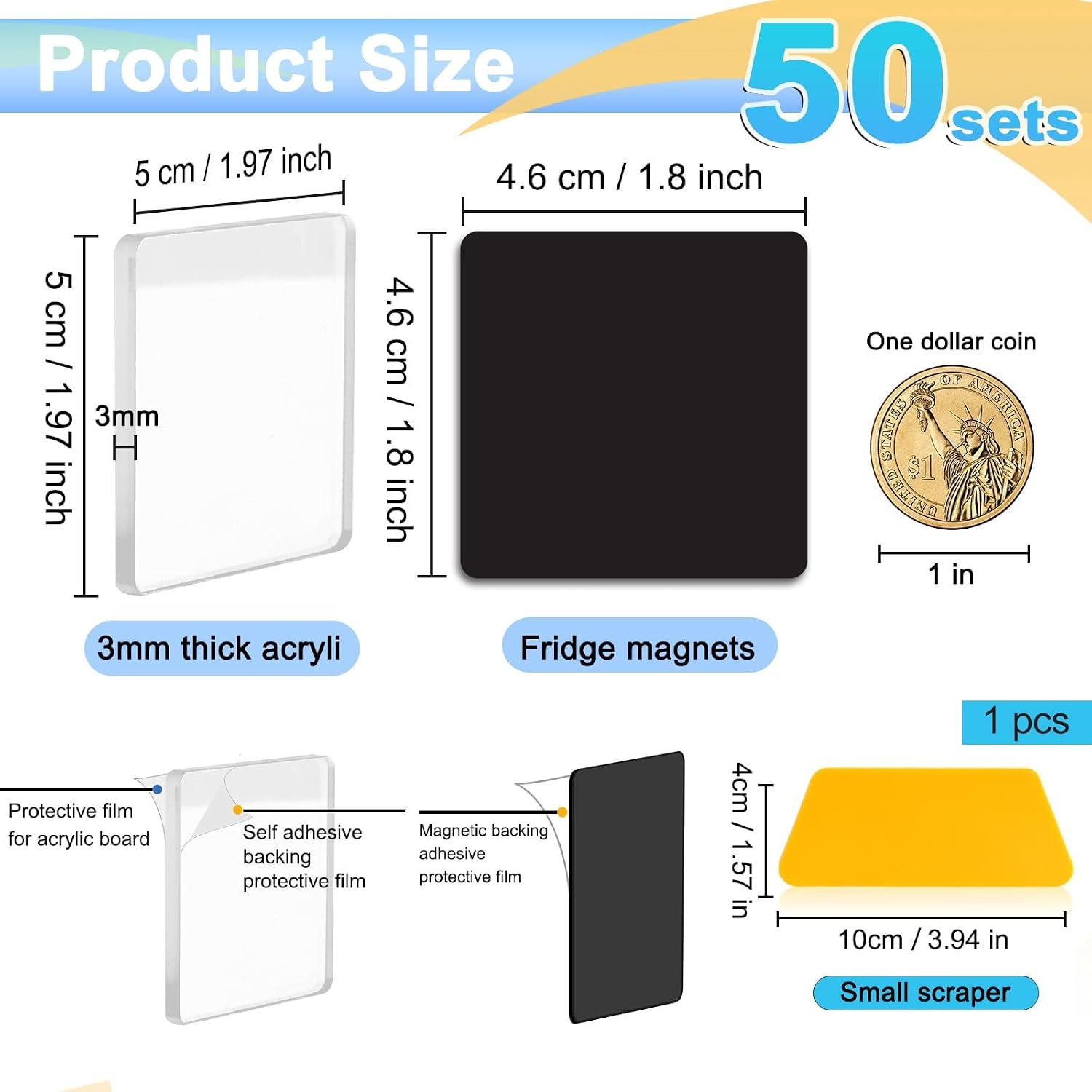 Ashenby 50 Pieces Acrylic Fridge Magnets, DIY Magnets with 50 Pieces Adhesive Magnet Sheets, 1.89 x 1.89 inches, Clear