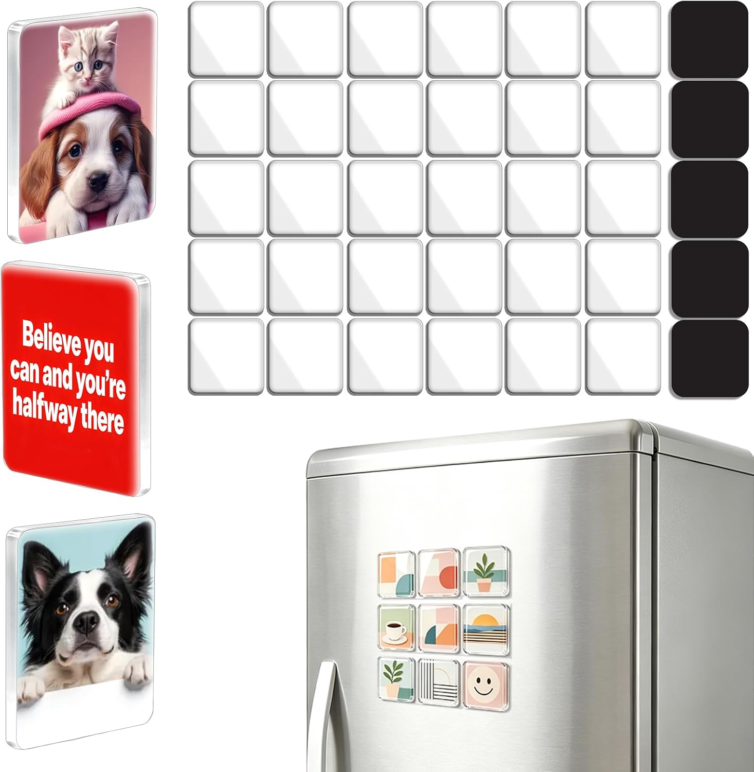 Ashenby 50 Pieces Acrylic Fridge Magnets, DIY Magnets with 50 Pieces Adhesive Magnet Sheets, 1.89 x 1.89 inches, Clear