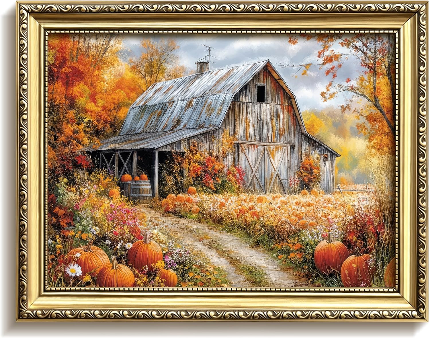 Barleyfield Vintage Gold Framed Autumn Barn Wall Art, 10"L x 8"W, D-Landscape