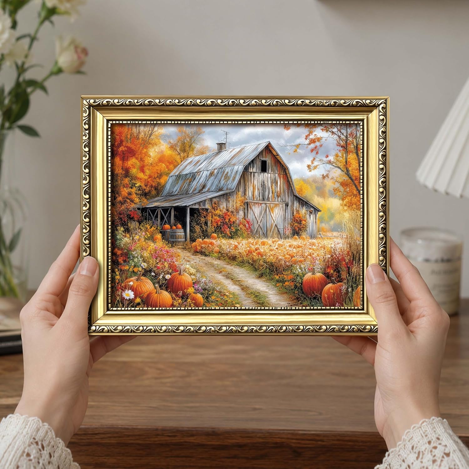 Barleyfield Vintage Gold Framed Autumn Barn Wall Art, 10"L x 8"W, D-Landscape