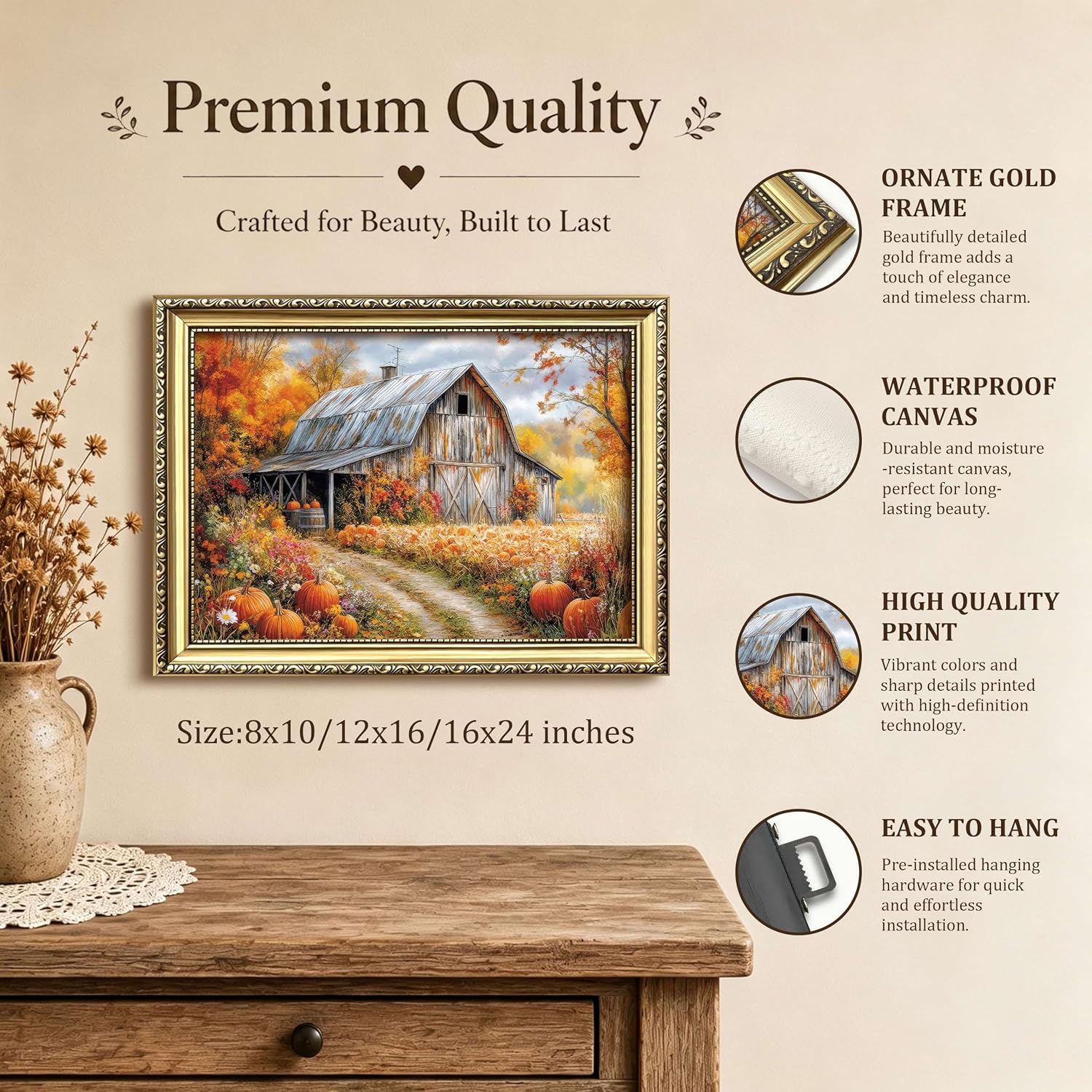 Barleyfield Vintage Gold Framed Autumn Barn Wall Art, 10"L x 8"W, D-Landscape