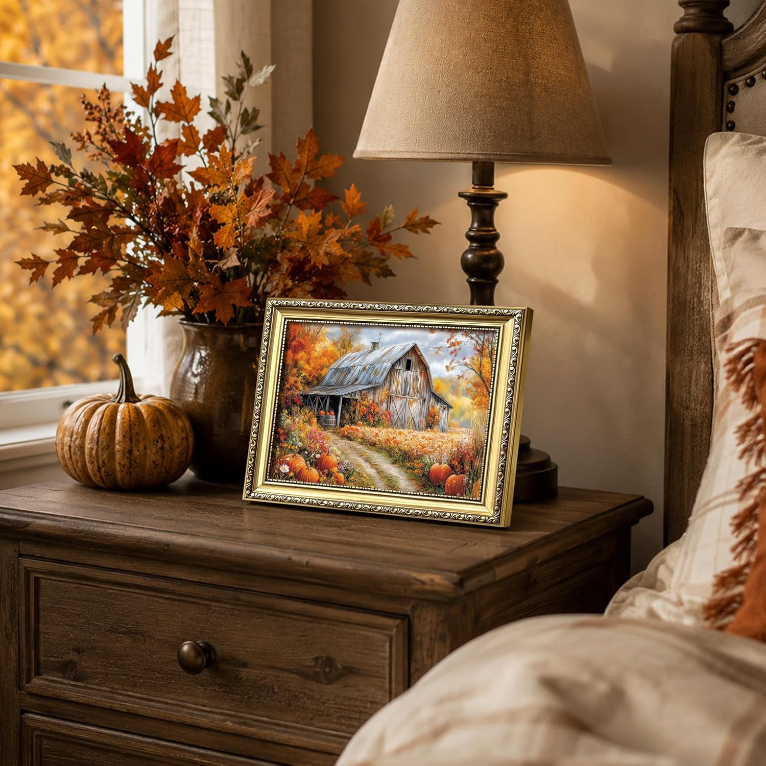 Barleyfield Vintage Gold Framed Autumn Barn Wall Art, 10"L x 8"W, D-Landscape