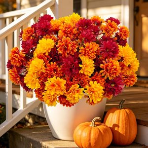 Aldernest Fake Mums Artificial Fall Flowers for Outdoor Decorations, Red Orange, 6 Count