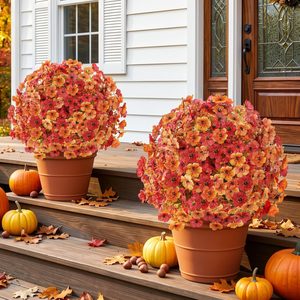 Aldernest 2 Pack 24" Fall Artificial Mums Topiary Bushes with Ground Spike, Dark Orange