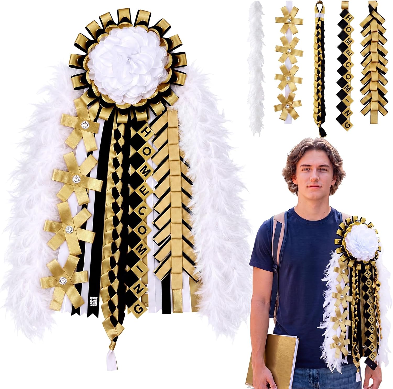 Aldernest 5 Pcs Homecoming Mum Braid 18 Inch Homecoming Mum Supplies, 7.04 ounces, Gold, black, white