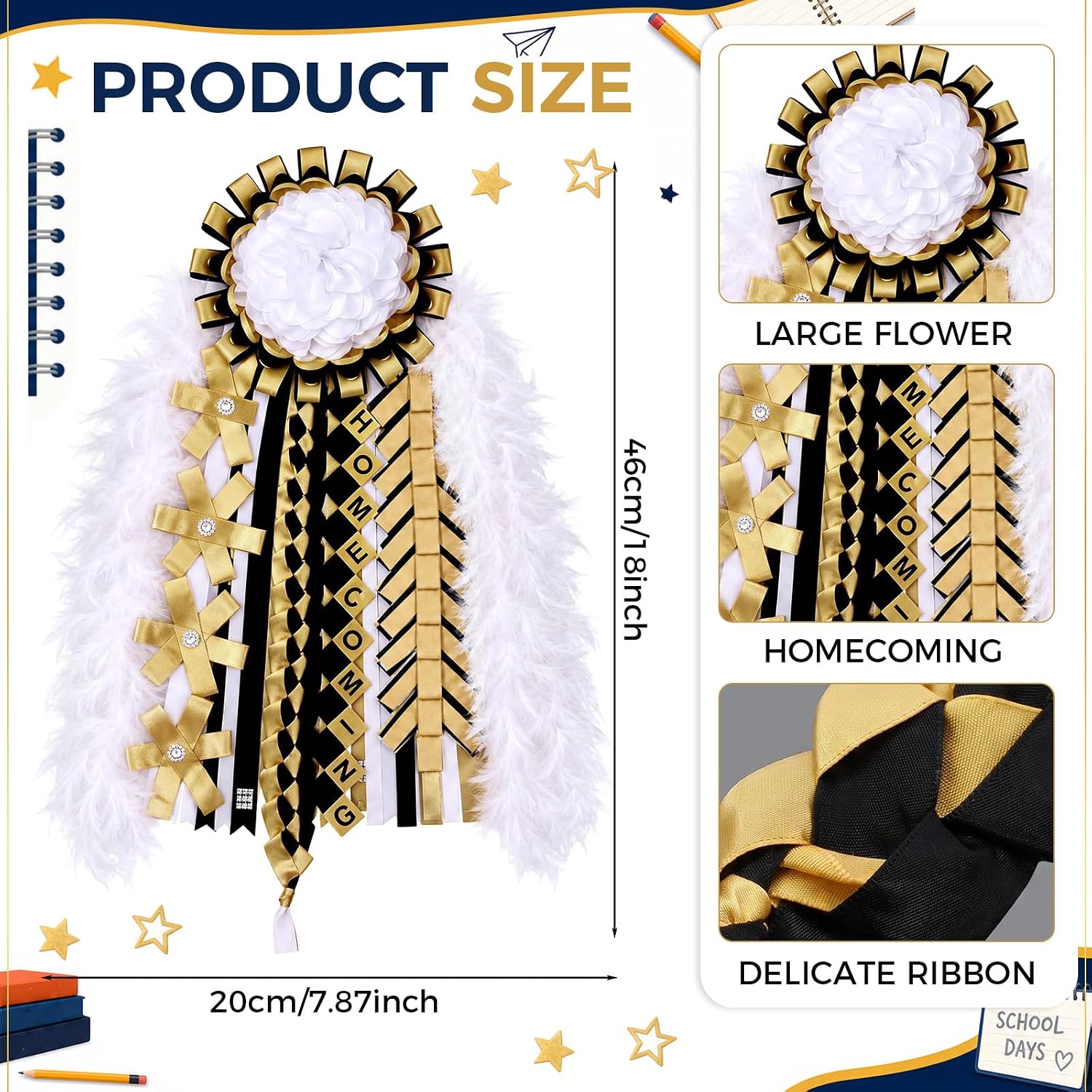 Aldernest 5 Pcs Homecoming Mum Braid 18 Inch Homecoming Mum Supplies, 7.04 ounces, Gold, black, white