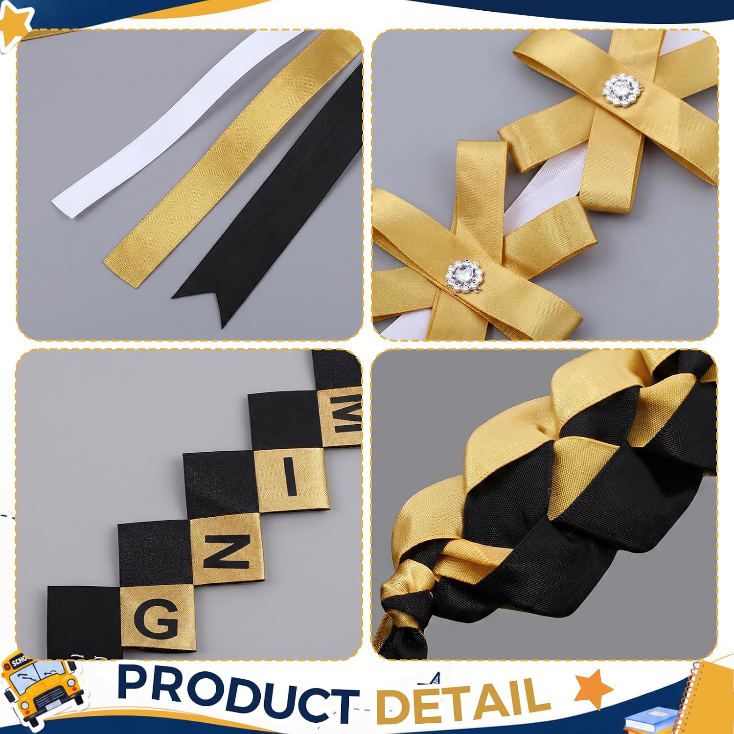 Aldernest 5 Pcs Homecoming Mum Braid 18 Inch Homecoming Mum Supplies, 7.04 ounces, Gold, black, white