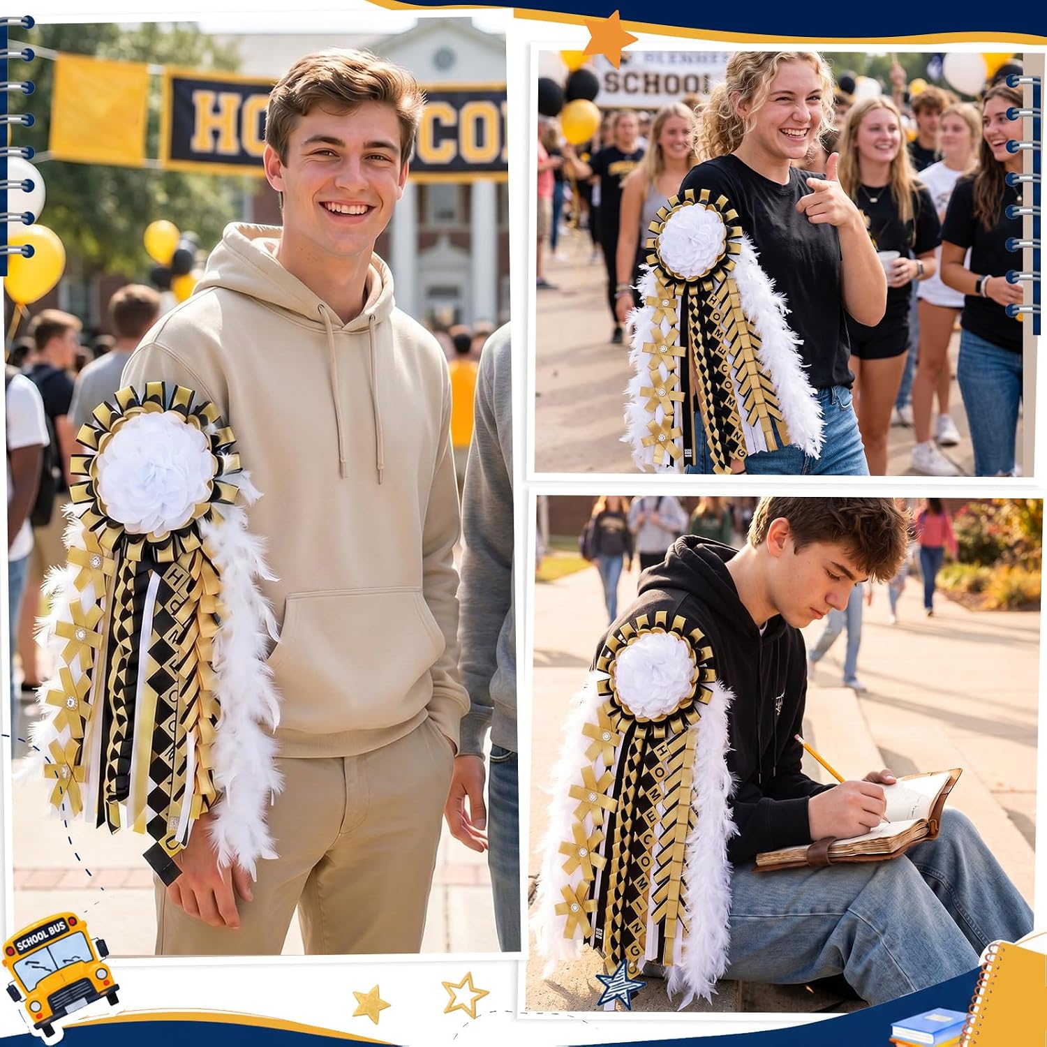 Aldernest 5 Pcs Homecoming Mum Braid 18 Inch Homecoming Mum Supplies, 7.04 ounces, Gold, black, white
