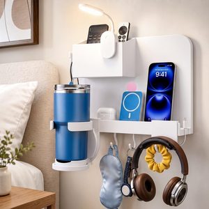 Rowanmere Floating Shelves for Bedside Shelf, No Drill Stick On Bedside Wall Shelf, 1.4 pounds, 11.8*3.9*9.45 inches, Whitepink