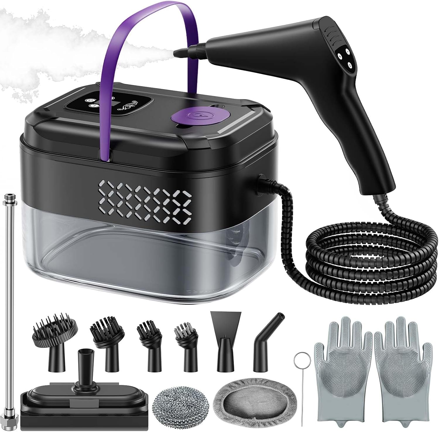 Aldernest Steam Cleaner, 9s Heat-Up 248℉ Steam Cleaner for Home 19pcs Accessories, 4.4 pounds, Black And Purple, 18 Count