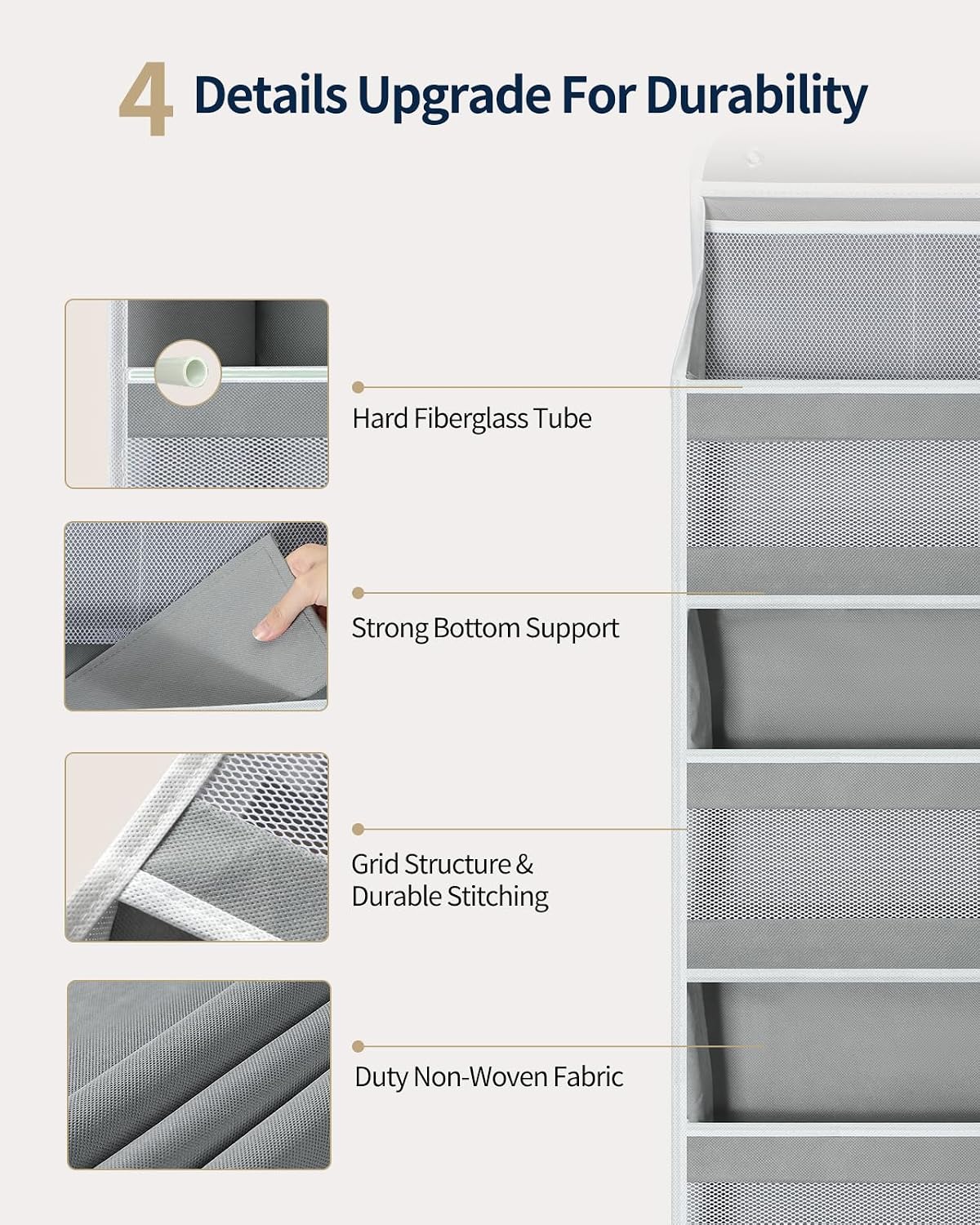 Aldernest Over the Door Organizer, Longer 4 Tier Door Organizer Hanging, Grey