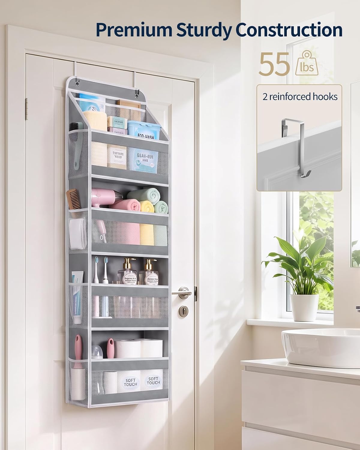 Aldernest Over the Door Organizer, Longer 4 Tier Door Organizer Hanging, Grey