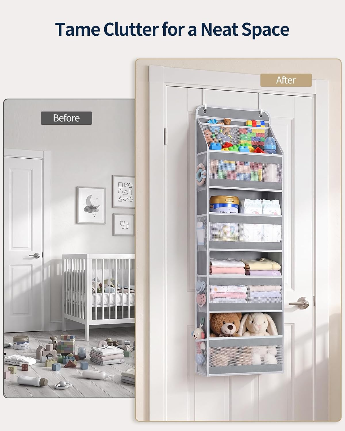 Aldernest Over the Door Organizer, Longer 4 Tier Door Organizer Hanging, Grey