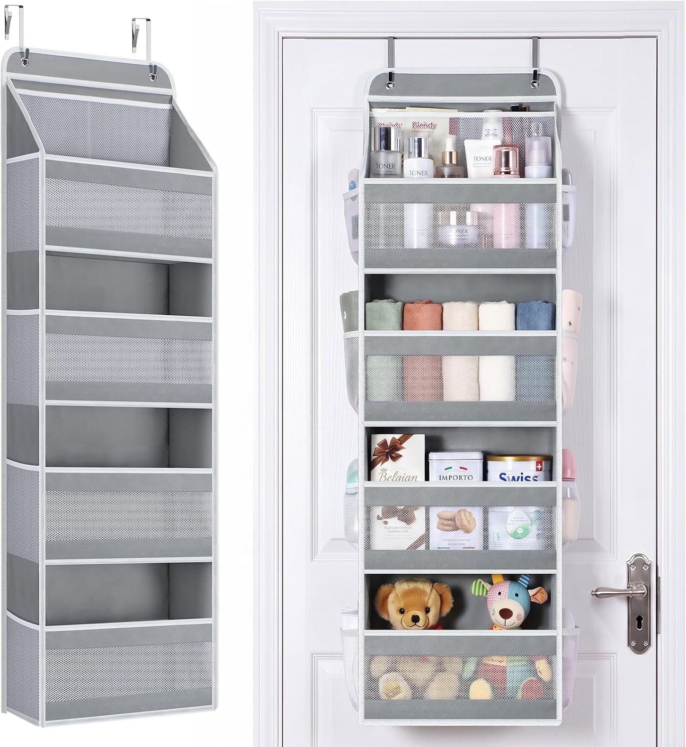 Aldernest Over the Door Organizer, Longer 4 Tier Door Organizer Hanging, Grey