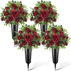 Aldernest 4 Set Fall Cemetery Flowers for Grave Red Artificial Peony with Vase, 1.8 pounds, Burgundy