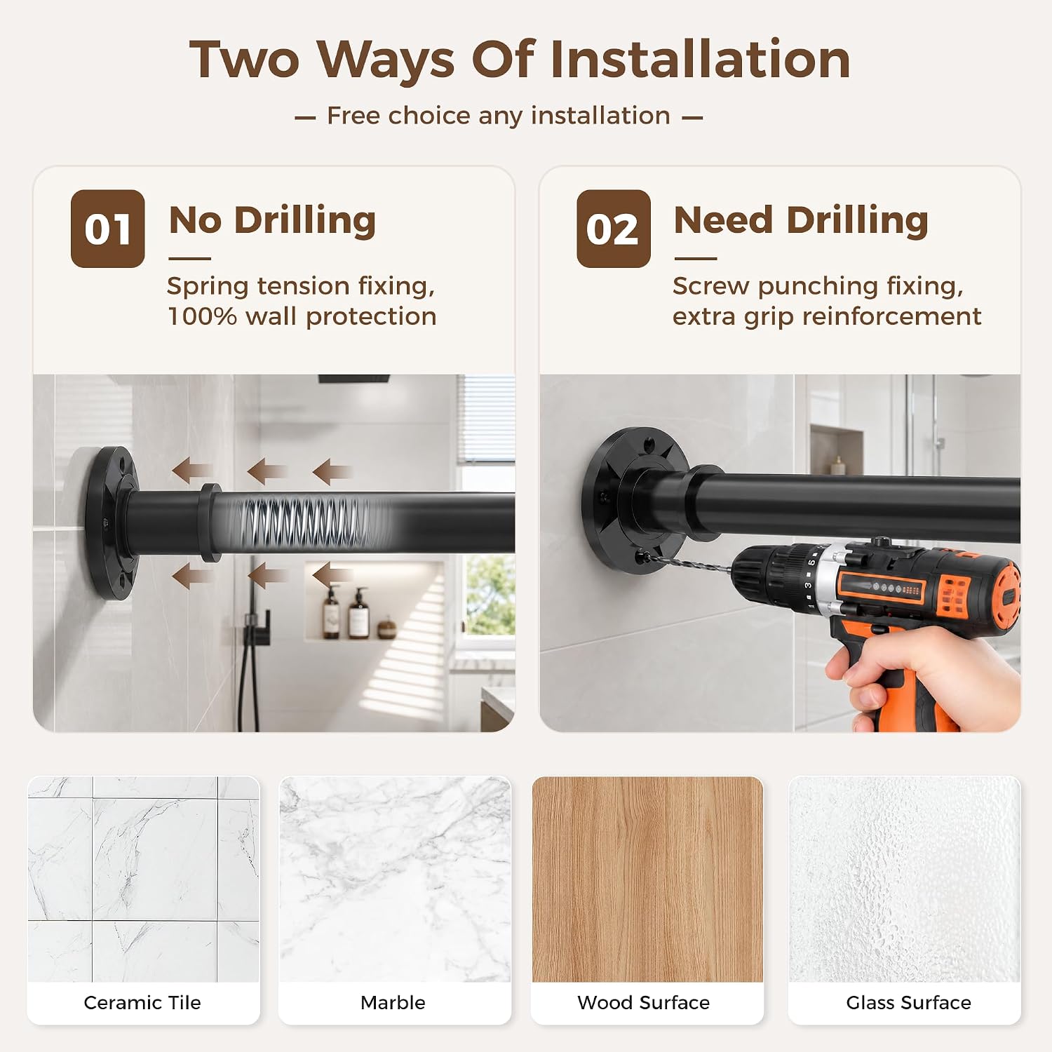 Barleyfield Tension Curtain Rod Heavy Duty 1.1" Dia No Drilling 12ft 31-144 In Spring, Black