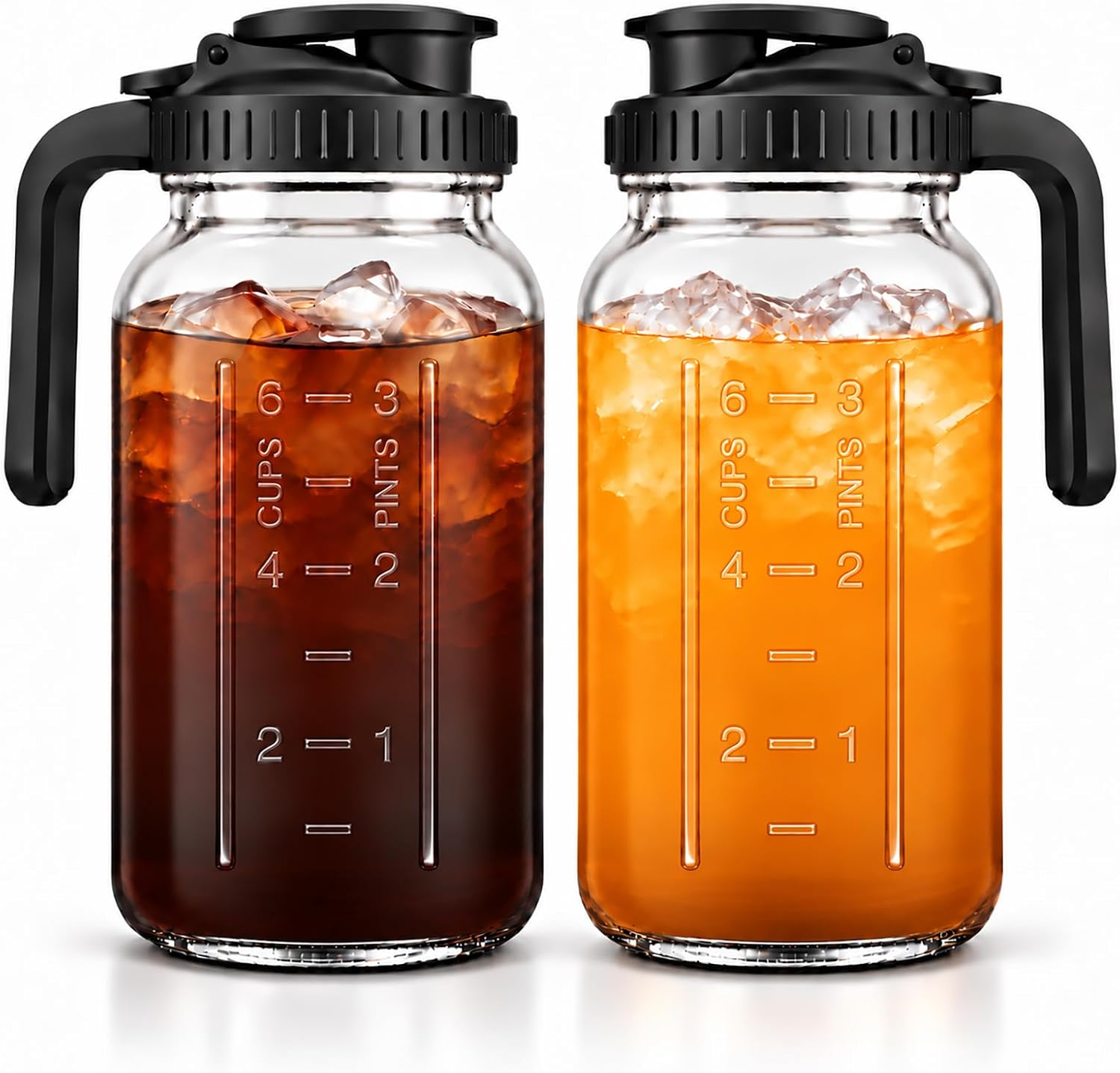 Ashenby 2 Pack 64 oz Glass Pitcher with Lid, 1/2 Gallon Glass Jug, 1.9 pounds