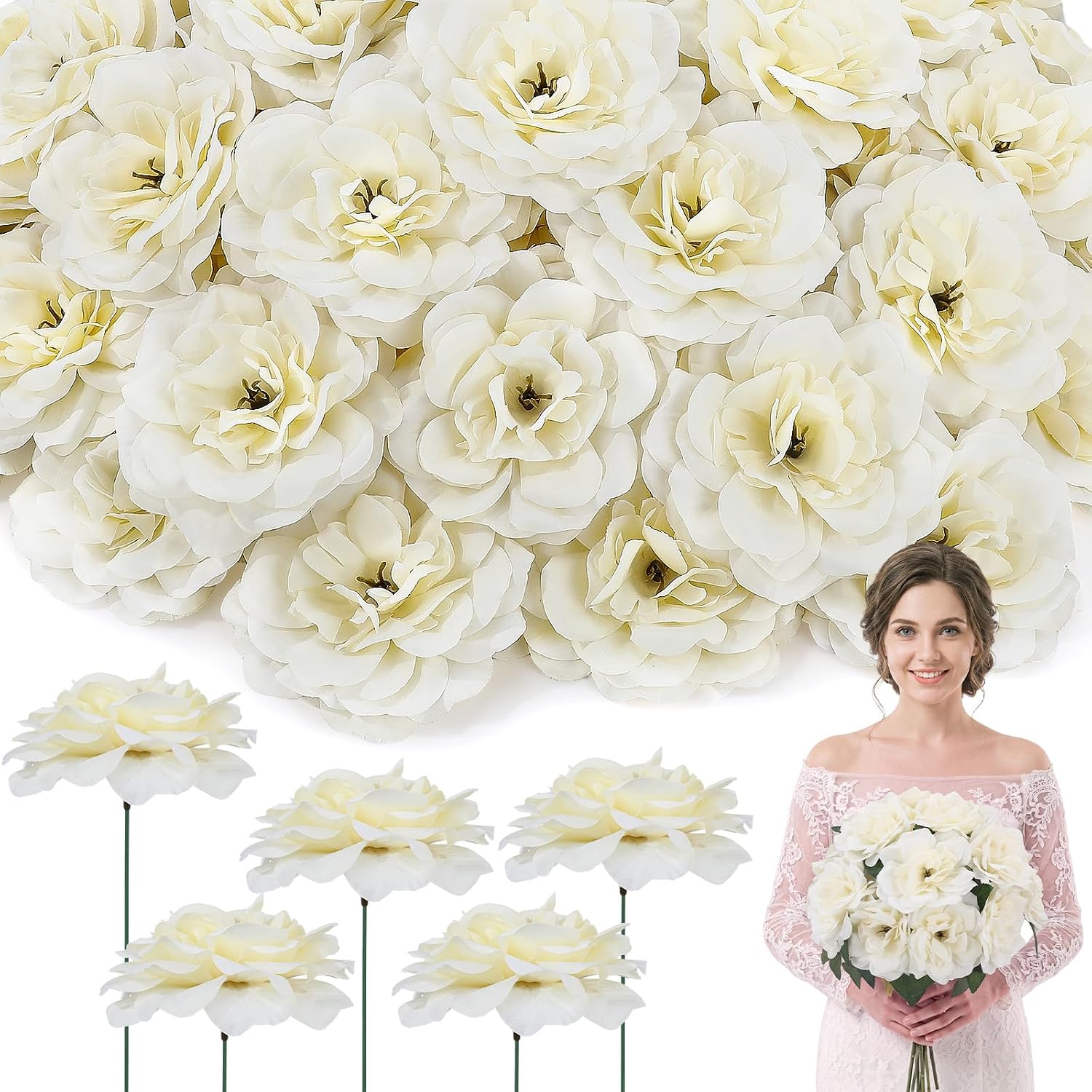 Ashenby 100 Pcs White Roses Artificial Flowers Realistic Silk Fake Rose, 2.7 pounds