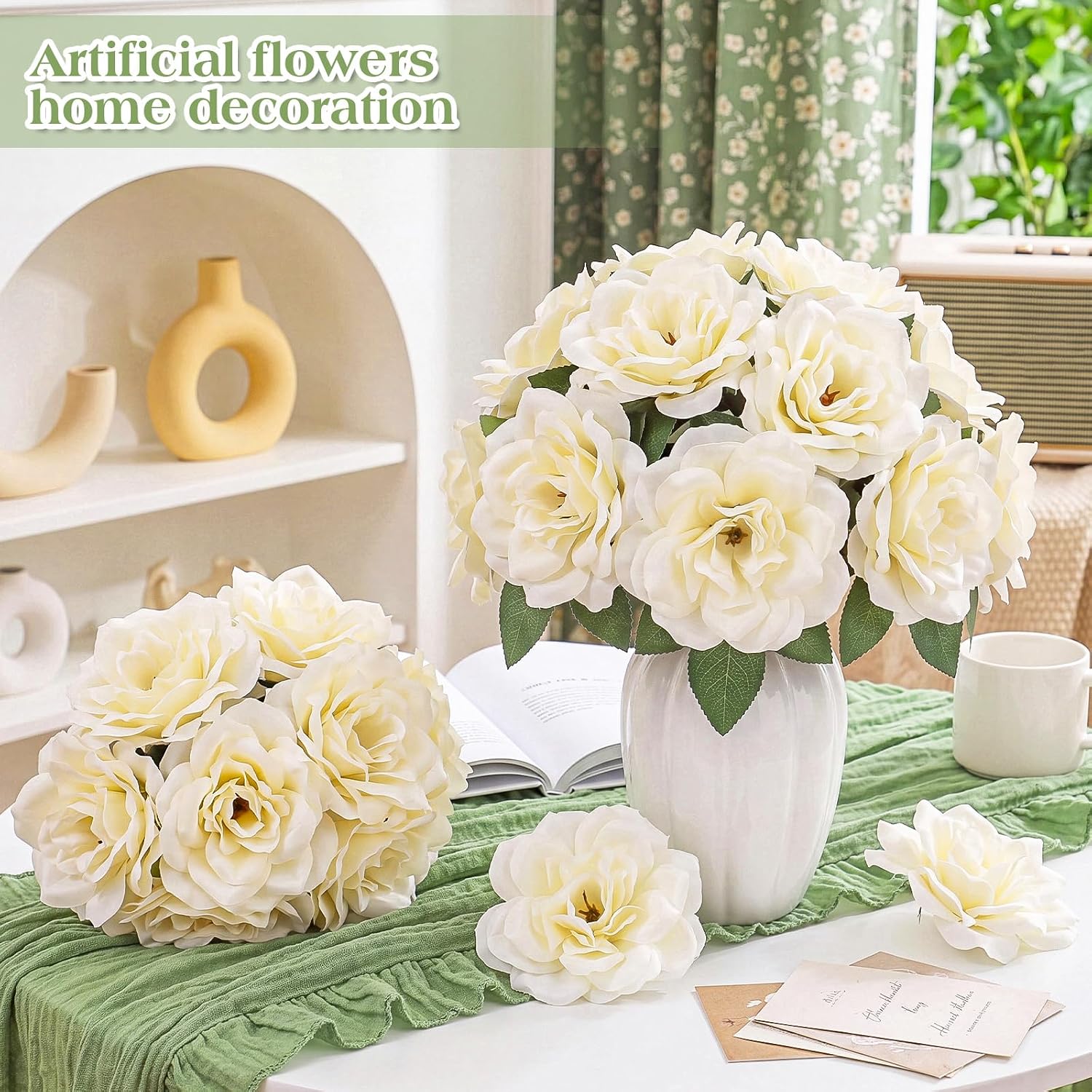 Ashenby 100 Pcs White Roses Artificial Flowers Realistic Silk Fake Rose, 2.7 pounds