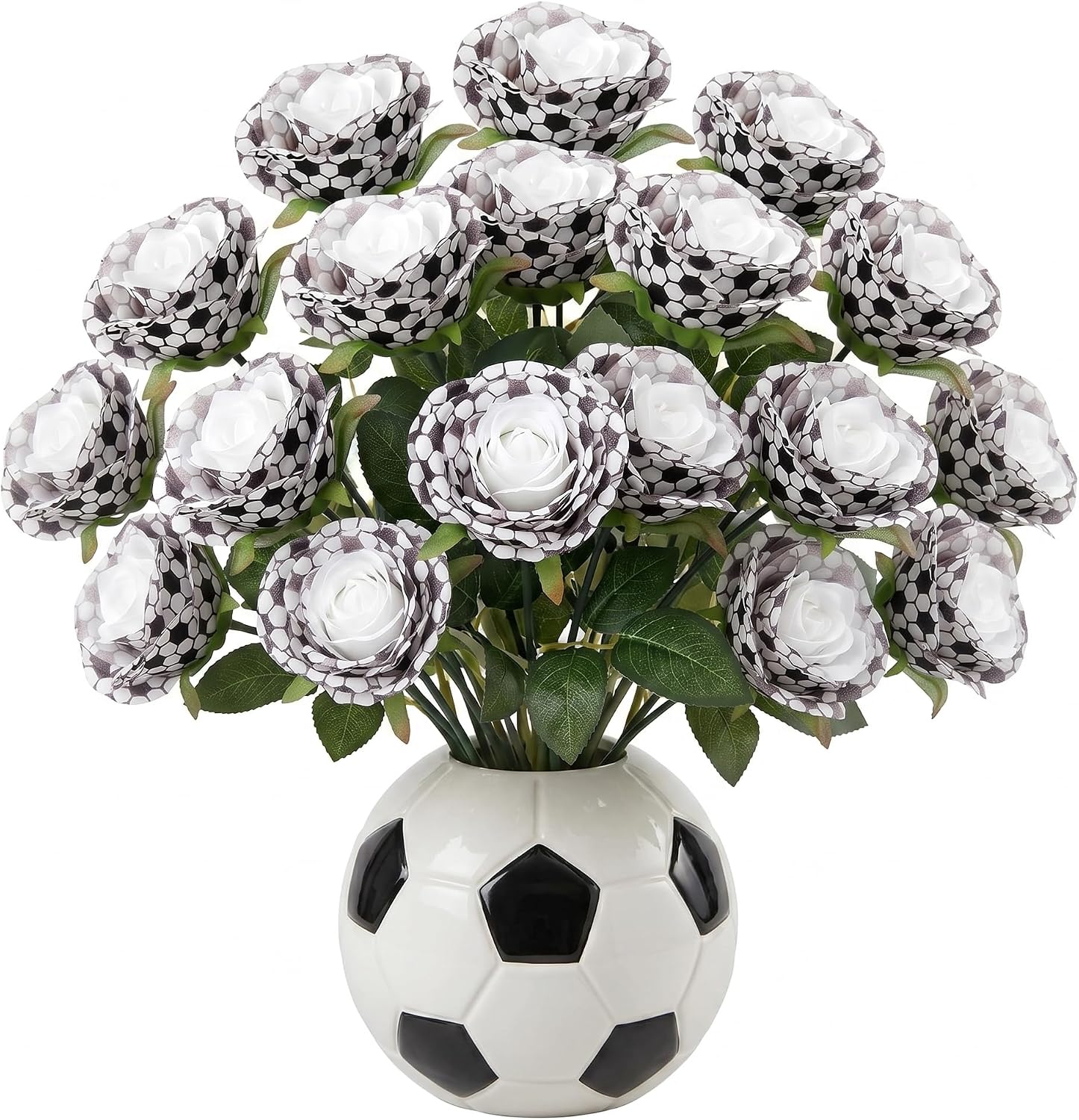 Ashenby 24 Pack Artificial Soccer Roses Bouquet, Soccer Fan Gift, Party Decoration, Black, White