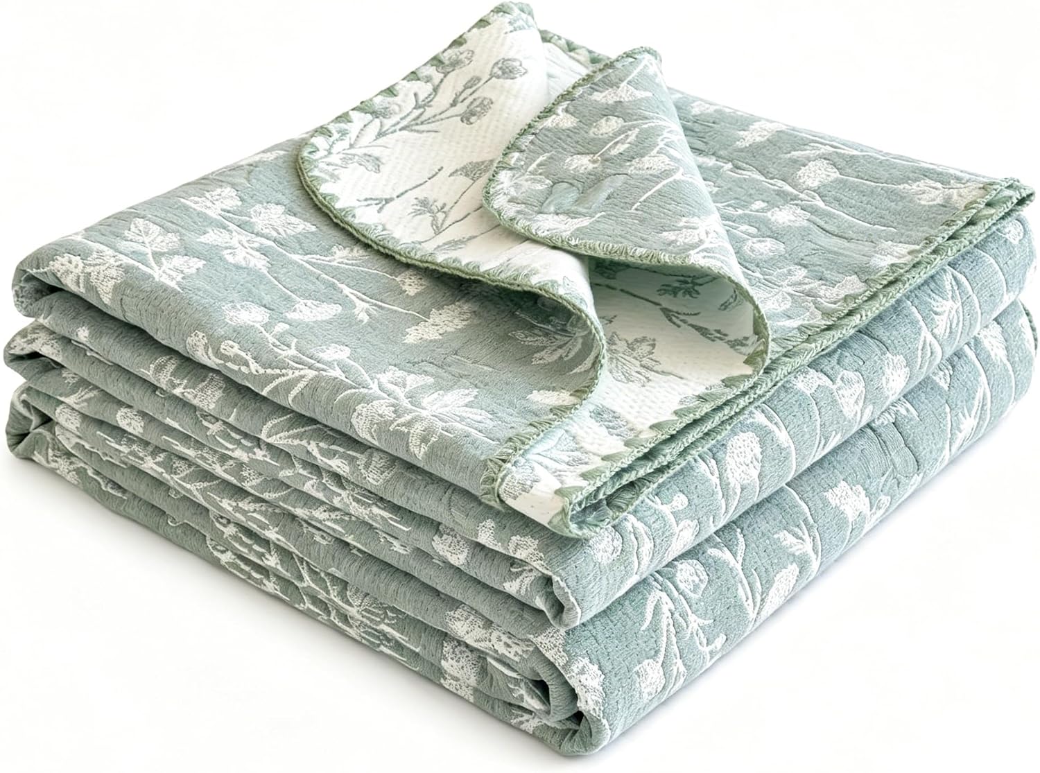 Ashenby Queen 100% Cotton Muslin Blanket 4 Layer Lightweight Gauze for Hot Sleepers, Queen 90"X90", Leaves Sage Green