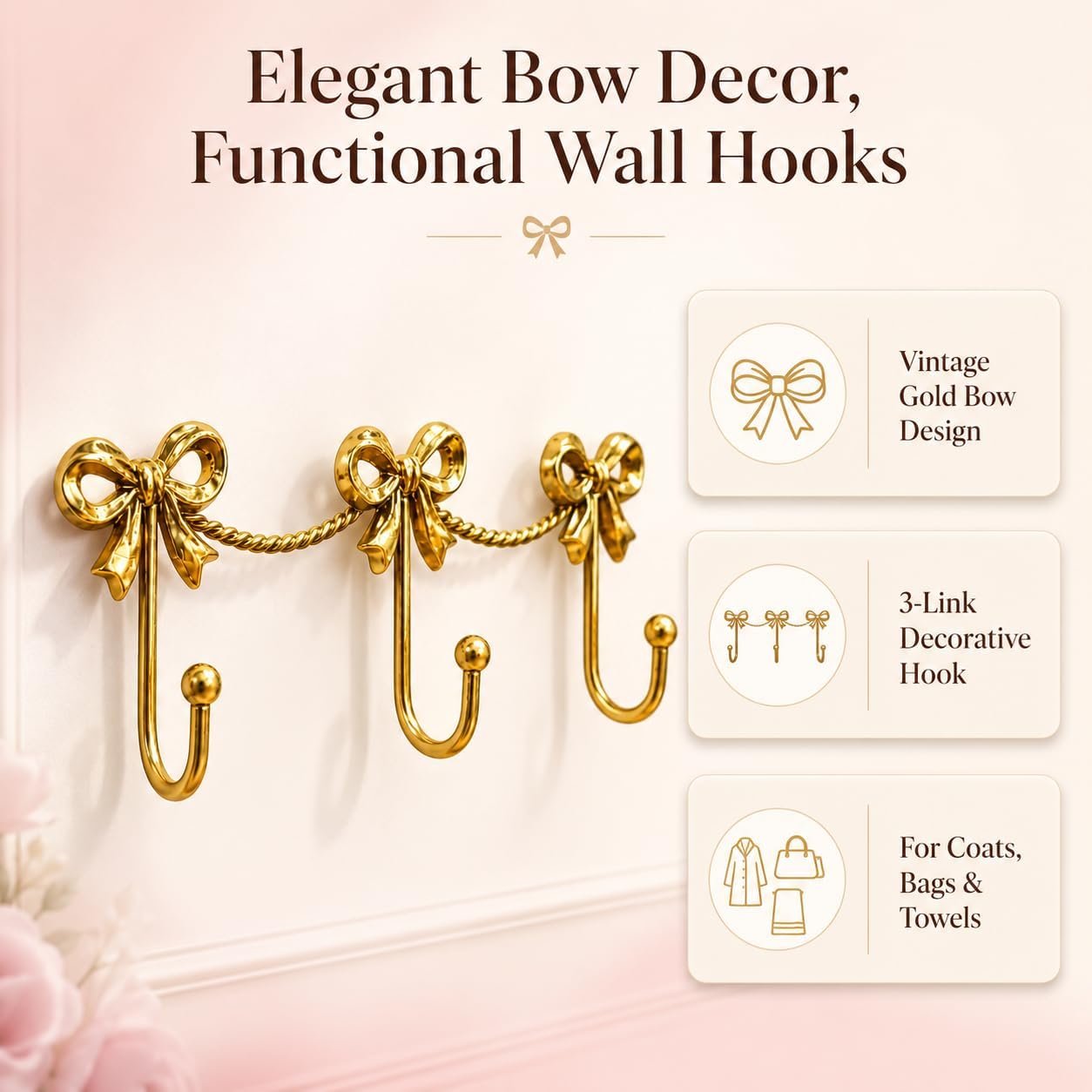 Aldernest Gold Bow Wall Hooks, 3-Link Metal Hanger for Girls Room and Nursery