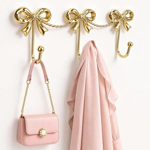 Aldernest Gold Bow Wall Hooks, 3-Link Metal Hanger for Girls Room and Nursery