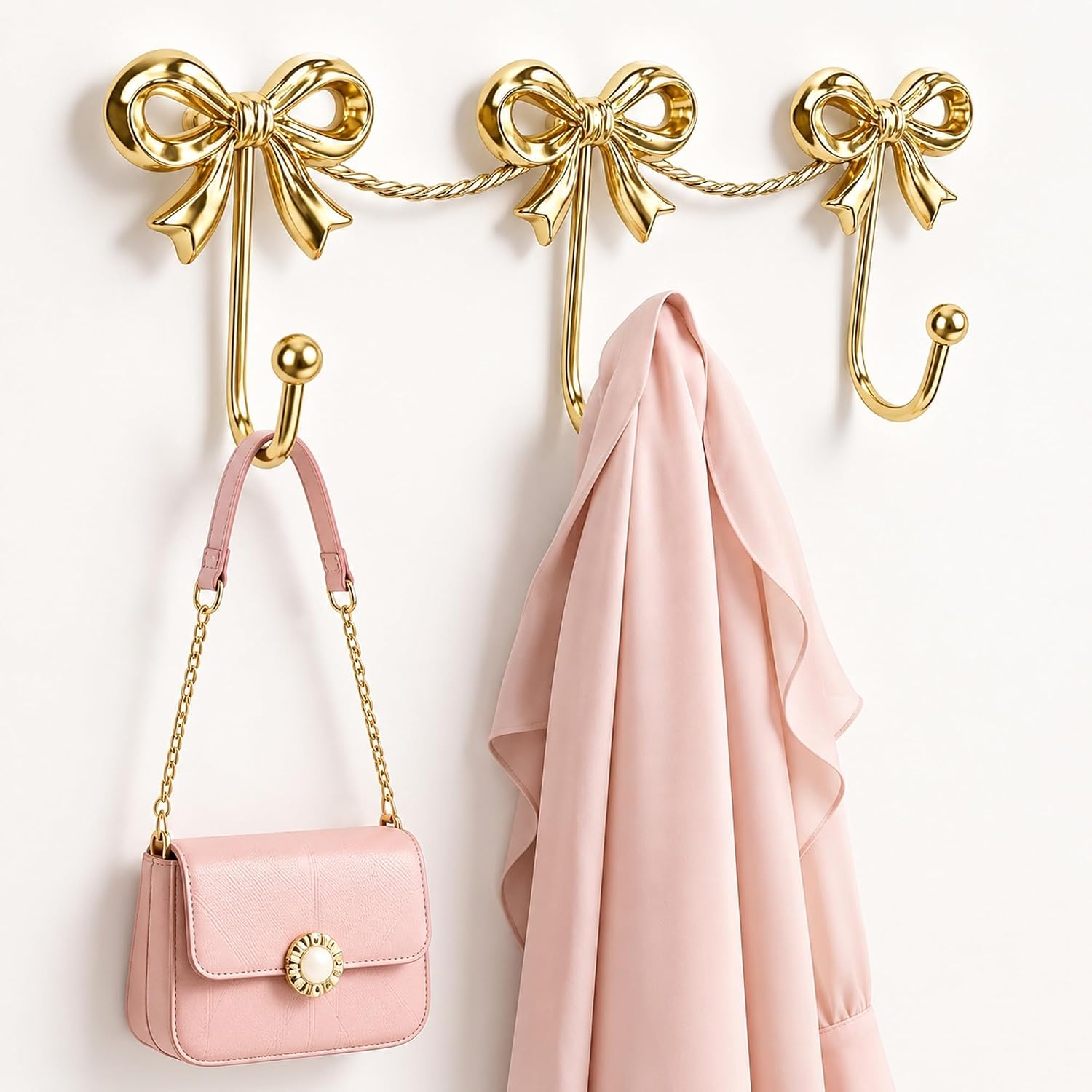 Aldernest Gold Bow Wall Hooks, 3-Link Metal Hanger for Girls Room and Nursery