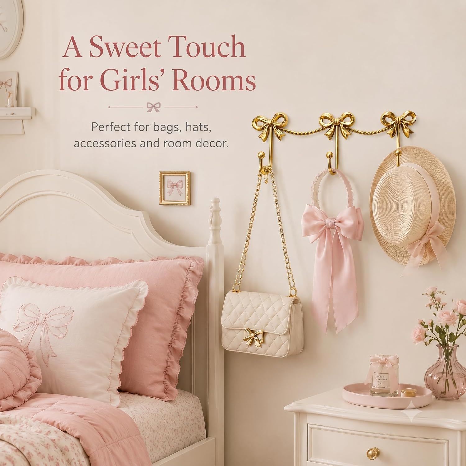 Aldernest Gold Bow Wall Hooks, 3-Link Metal Hanger for Girls Room and Nursery