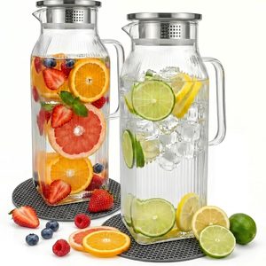 Aldernest 2 Pack 2 Liter/68 oz Glass Pitcher with Lid, Square Glass Water Pitcher, 1.9 pounds, Clear