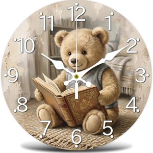 Aldernest Teddy Bear Wall Clock Silent Non-Ticking 12" for Living Room Decor, Large, Teddy Bear, Reading