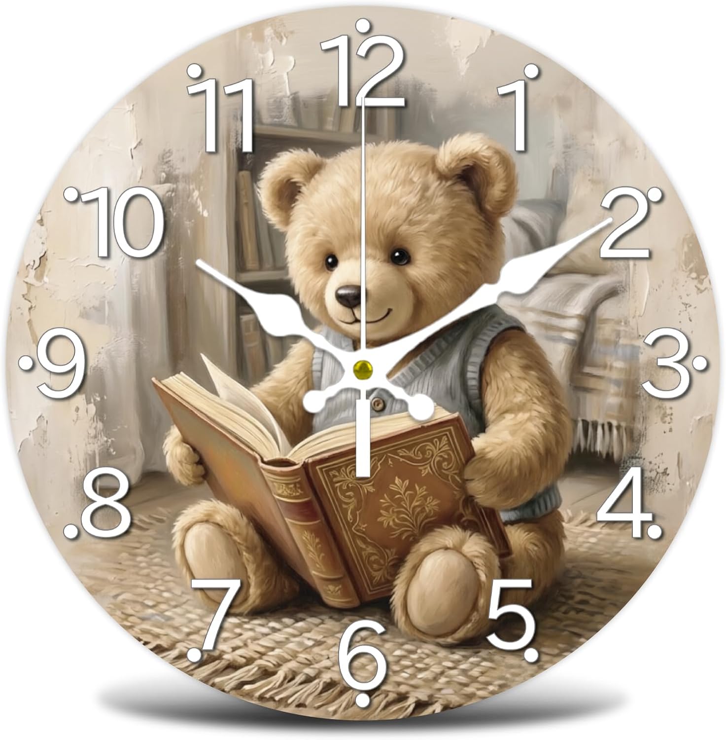 Aldernest Teddy Bear Wall Clock Silent Non-Ticking 12" for Living Room Decor, Large, Teddy Bear, Reading