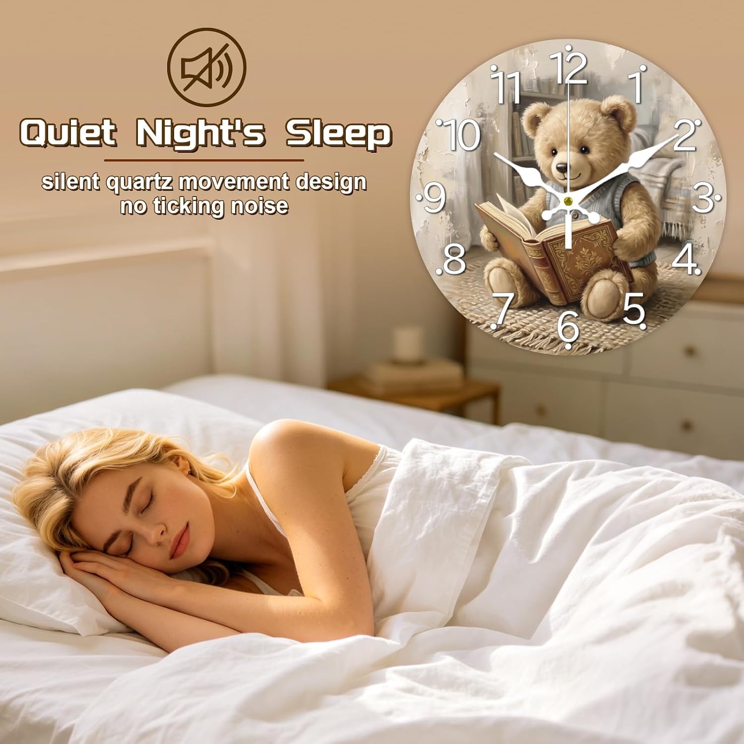 Aldernest Teddy Bear Wall Clock Silent Non-Ticking 12" for Living Room Decor, Large, Teddy Bear, Reading