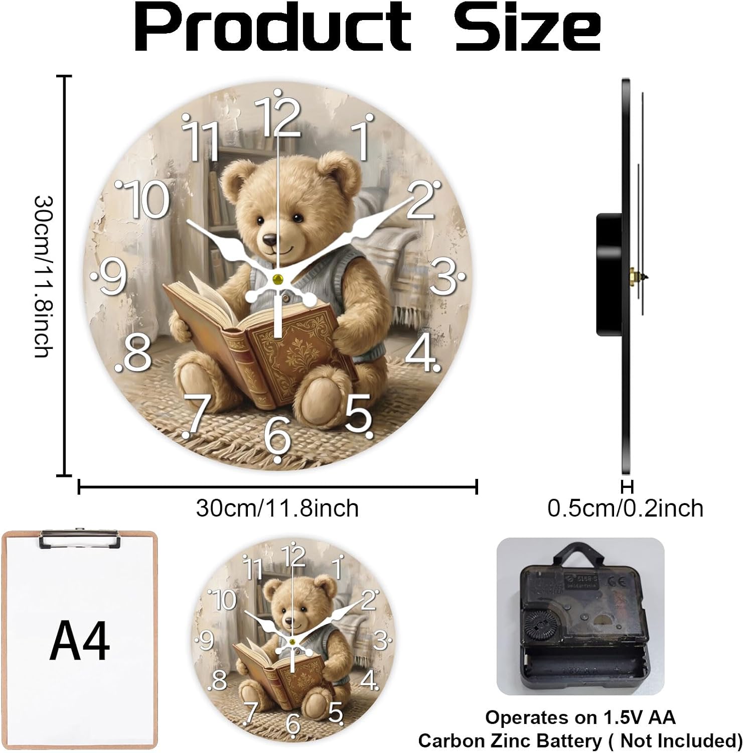 Aldernest Teddy Bear Wall Clock Silent Non-Ticking 12" for Living Room Decor, Large, Teddy Bear, Reading