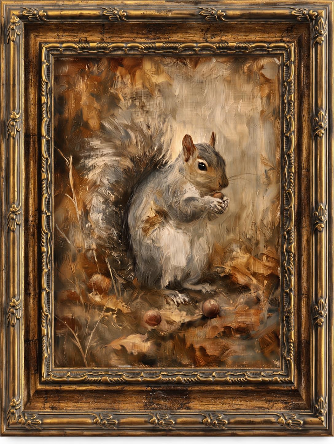 Aldernest Framed Vintage Style Wall Art Rustic Forest Animal Whimsical Squirrel Canvas Print Farmhouse Decor for Bedroom or Living Room 8x10 Inches