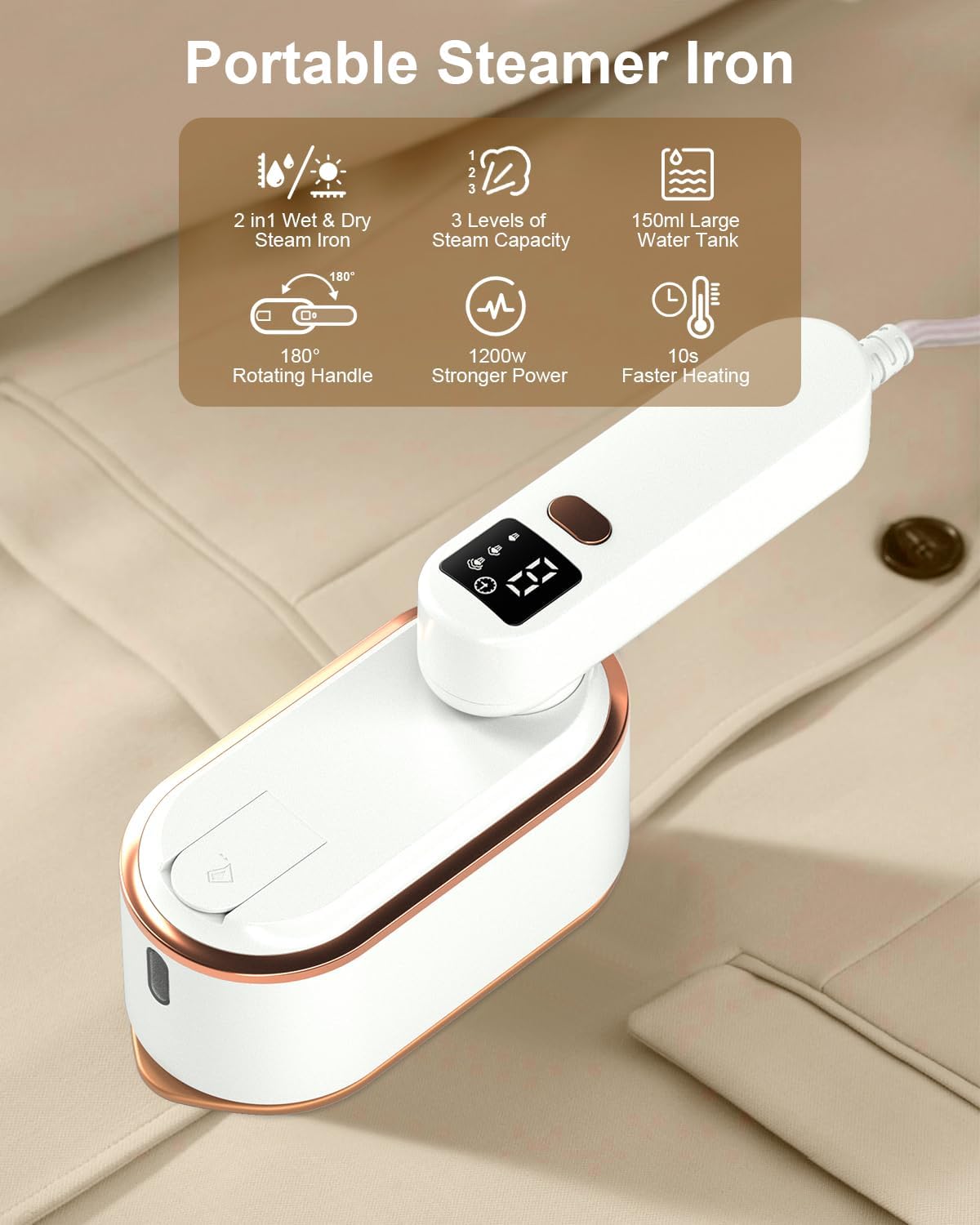 Birchmont Travel Steamer Iron for Clothes - 1200W Handheld Size Portable Travel Steamer, 1.8 pounds, White