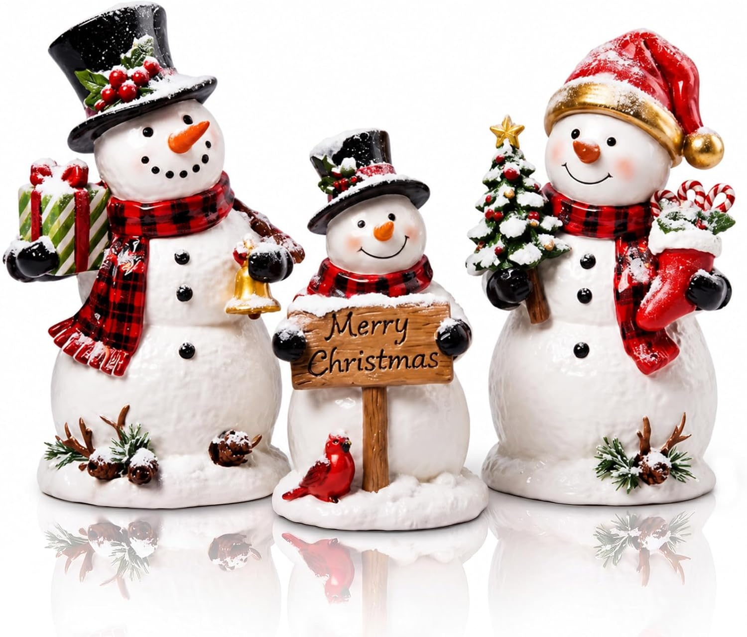 Aldernest 3 Pcs Christmas Snowman Figurines Resin Snowman Decorations for Home, 14.08 ounces, Red and Balck