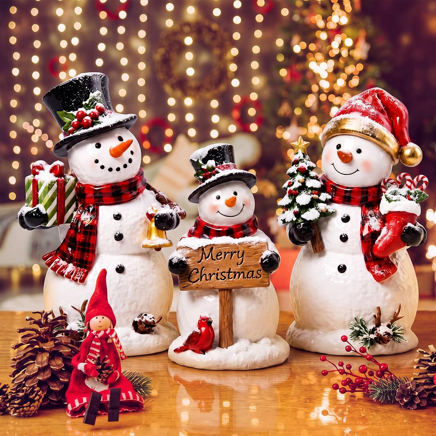 Aldernest 3 Pcs Christmas Snowman Figurines Resin Snowman Decorations for Home, 14.08 ounces, Red and Balck